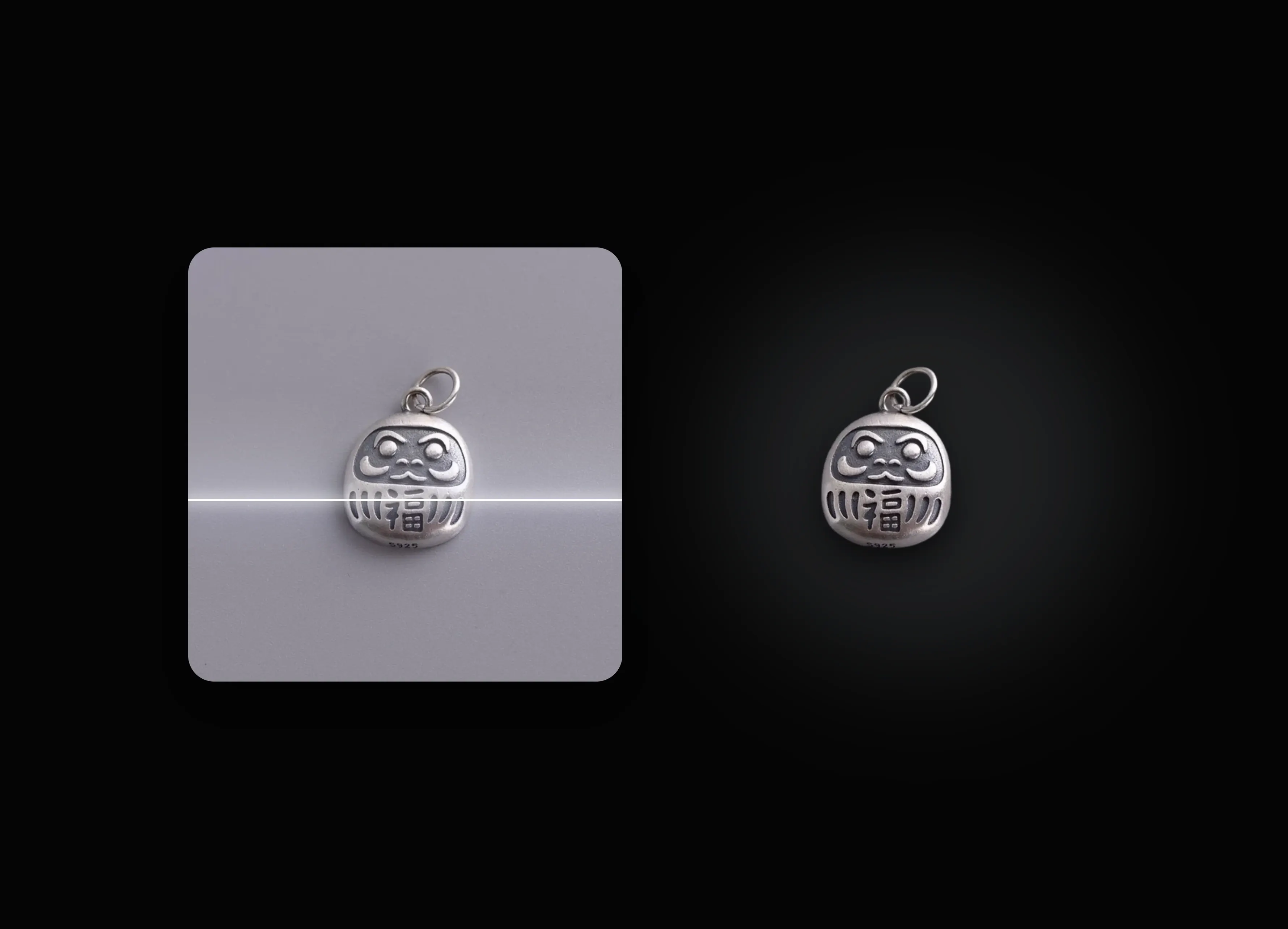 A photo of a silver Daruma charm on a grey backdrop with a bright scan line sweeping across it, beside the same charm cut out cleanly onto black.