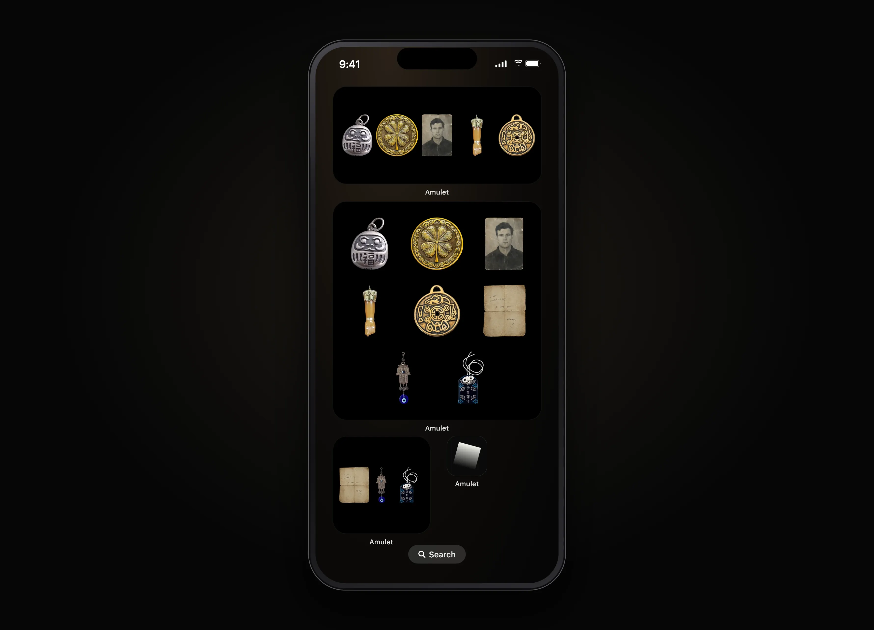 An iPhone home screen holding Amulet's widgets in three sizes, black tiles of keepsakes — a medium one with five in a row, a large one with eight and a small one with three — beside the Amulet app icon.