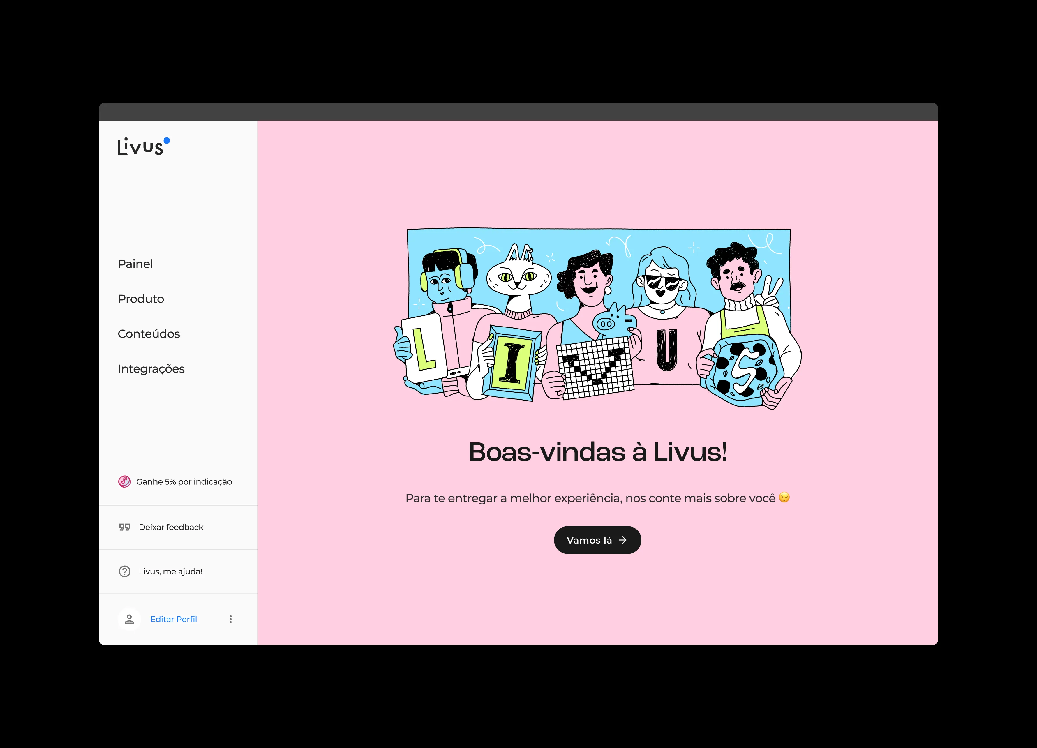 The Livus course platform in a browser, showing a pink welcome panel reading "Boas-vindas à Livus!" beside a sidebar of course management tools.