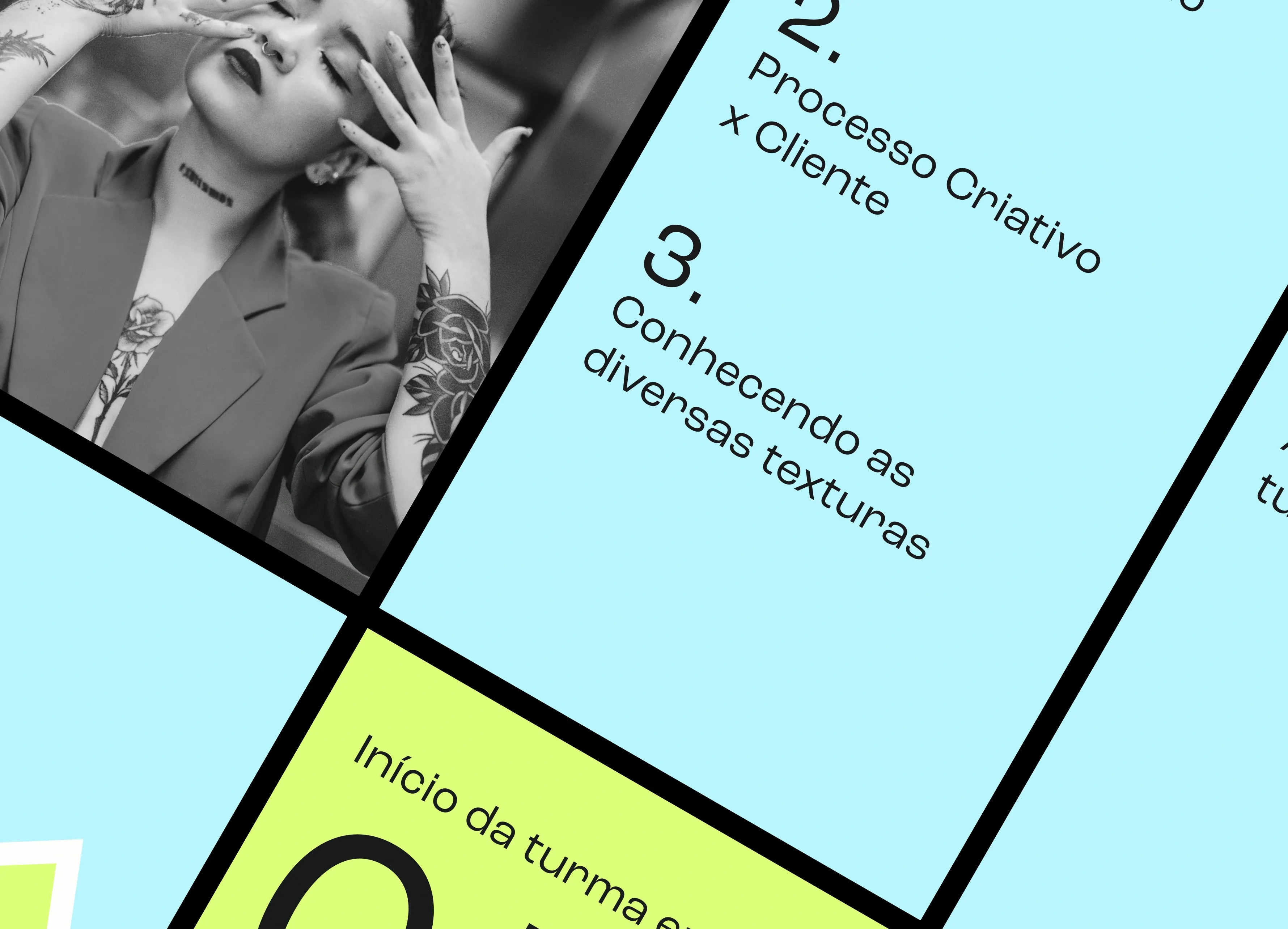 Close crop of Livus Instagram carousel slides in light blue and lime, with a numbered course outline including "Processo Criativo x Cliente" next to a black-and-white photo of a tattooed woman.