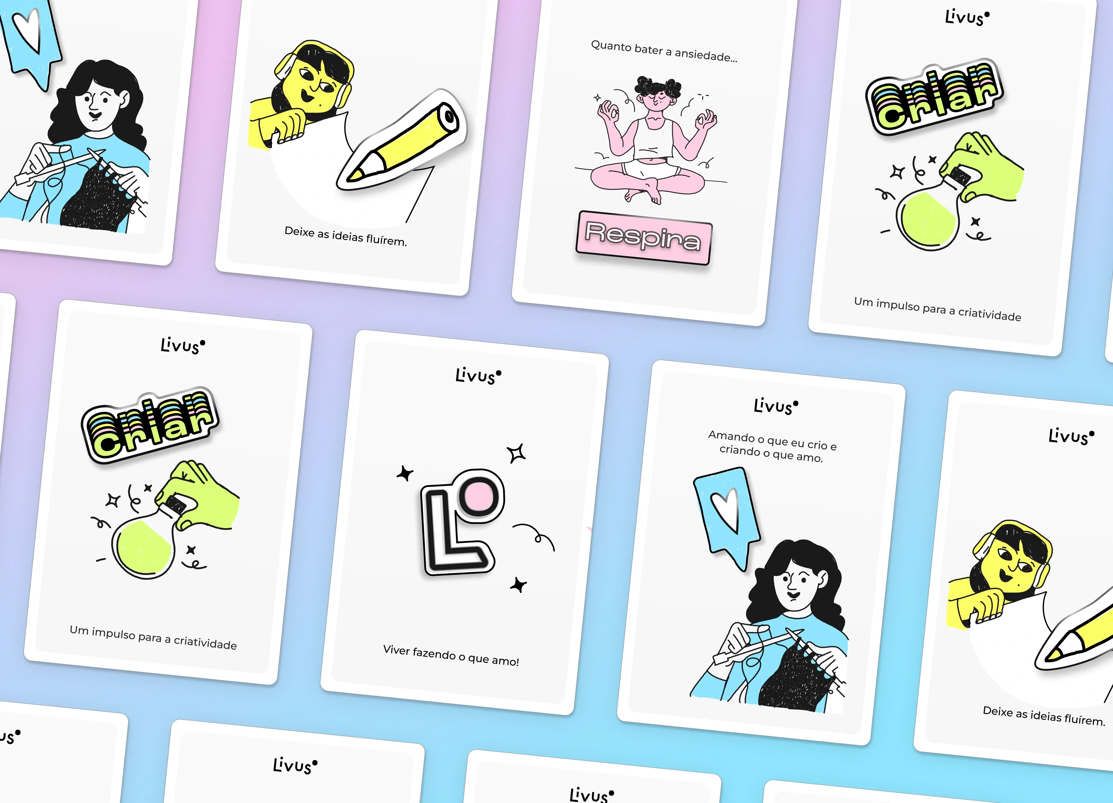 Rows of white backing cards holding Livus enamel pins, among them a "Criar" badge, a pink "Respira" bar and the L monogram, each with a short line such as "Deixe as ideias fluírem."