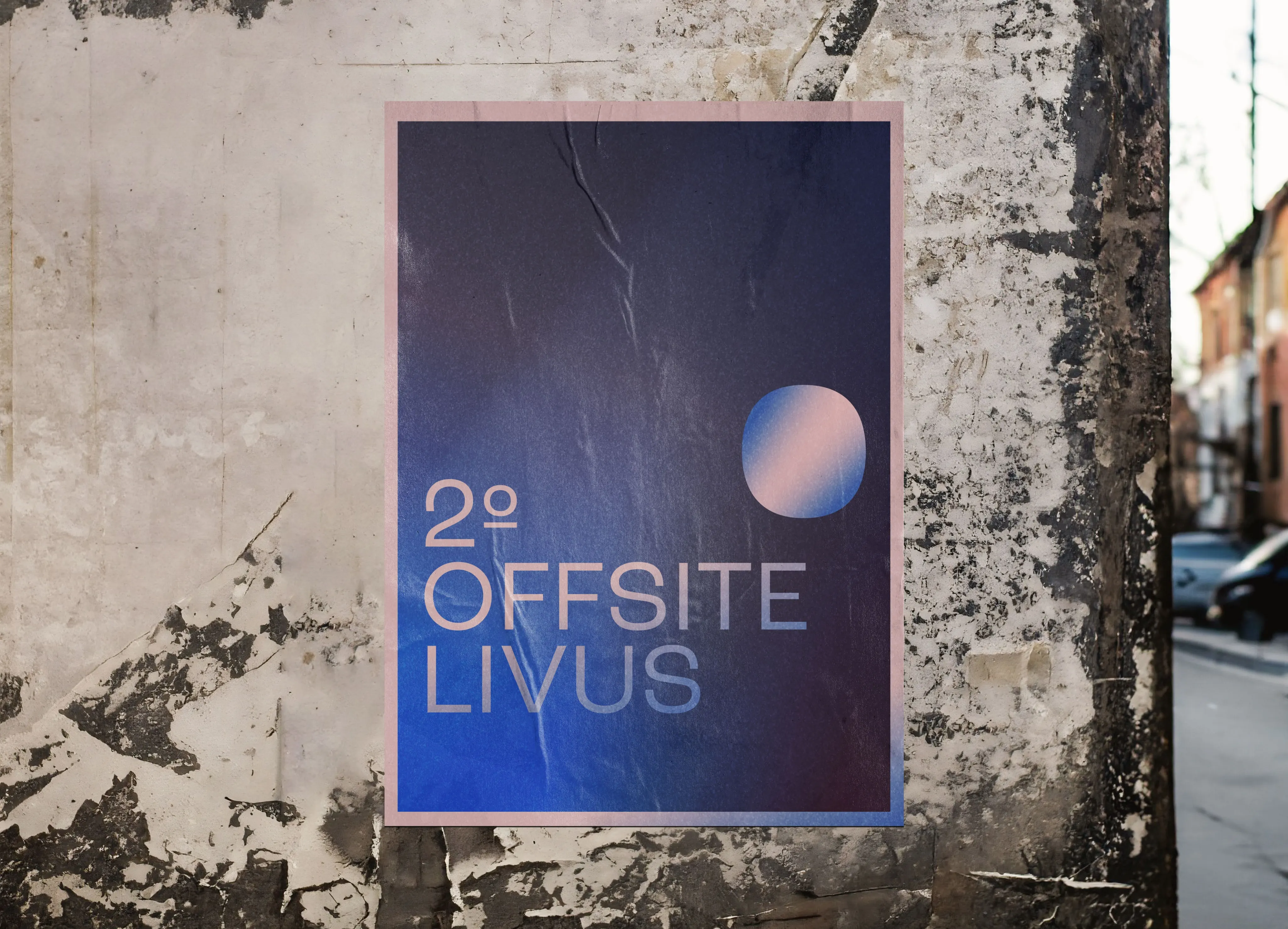 A poster pasted on a weathered street wall reading "2º OFFSITE LIVUS" in pale pink type over a dark blue gradient.
