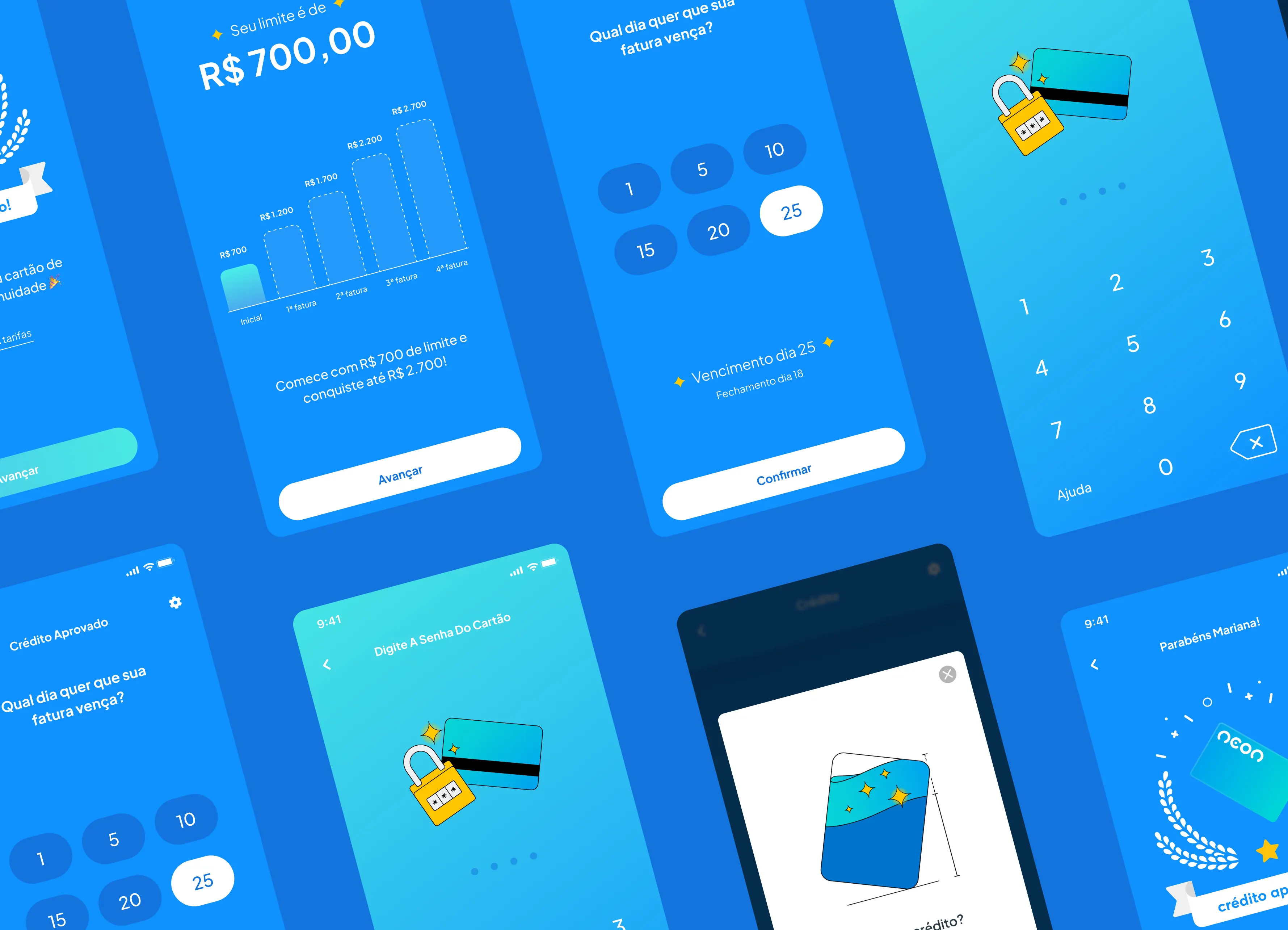 Neon app screens on a blue field — a credit balance of R$ 700,00 above a spending chart, a card management view, and a numeric keypad.