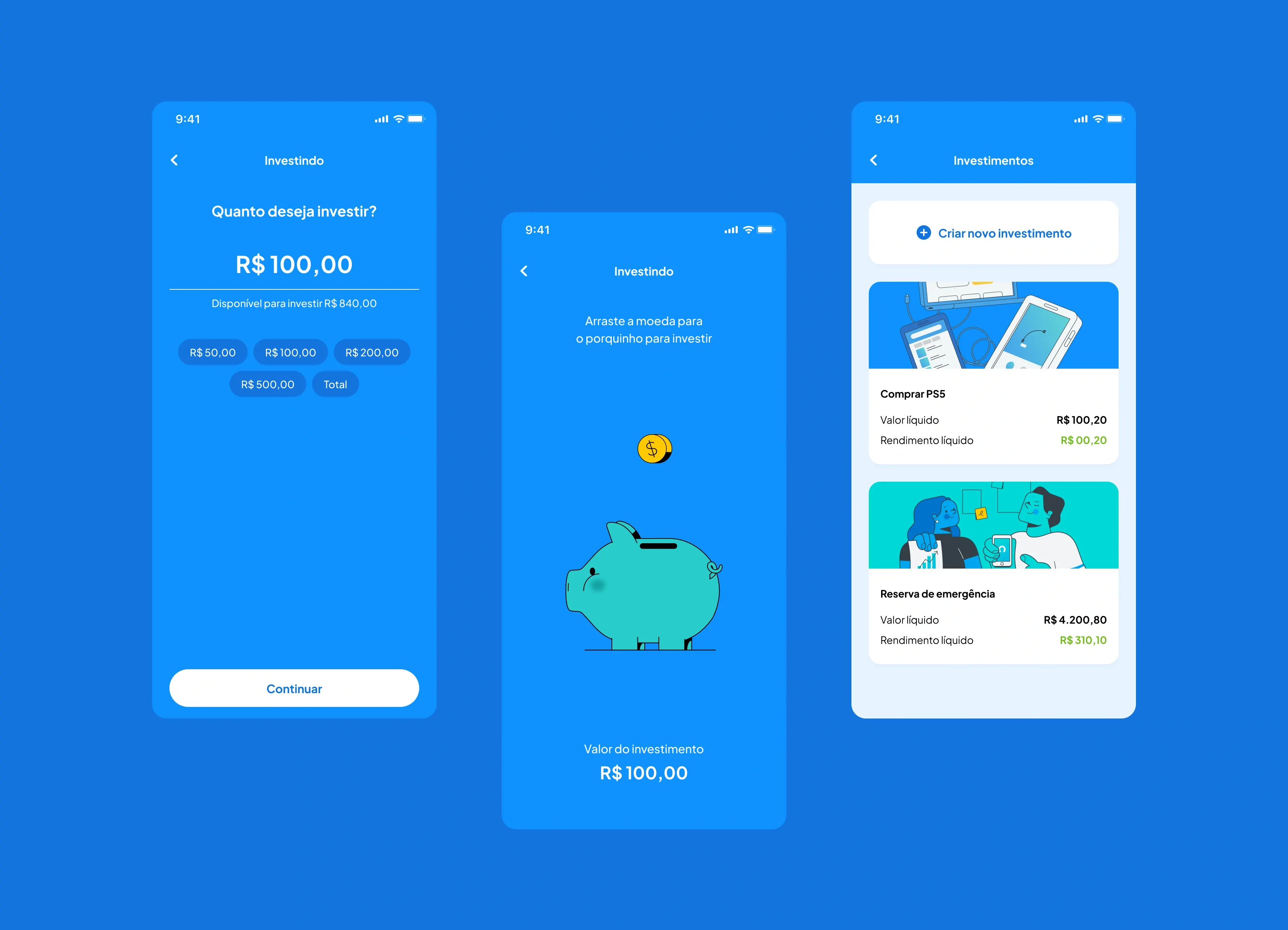 Three Neon investment screens: entering R$ 100,00 with preset amounts, dragging a coin into a piggy bank, and a list of goals "Comprar PS5" and "Reserva de emergência" with returns.
