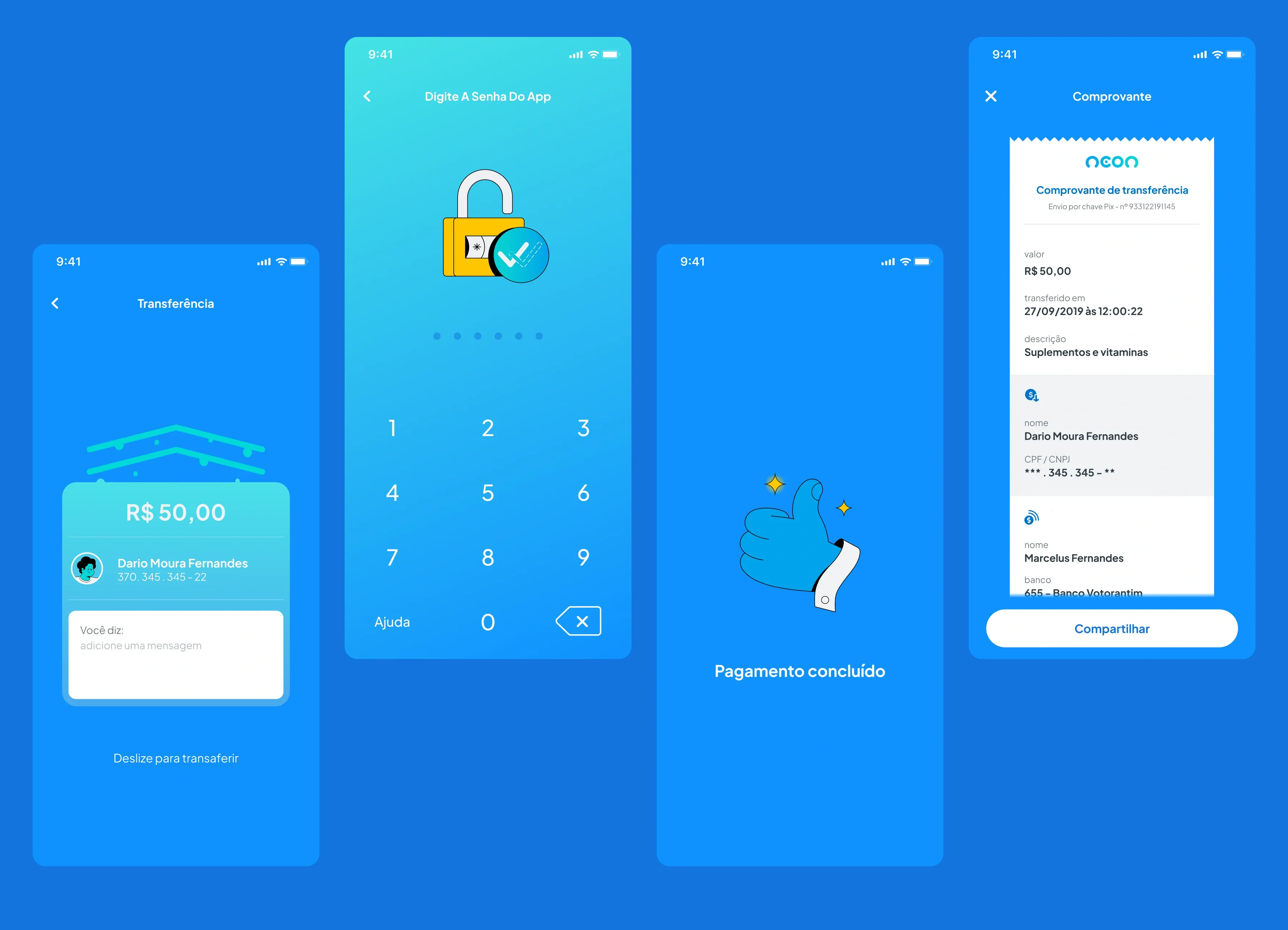 Four Neon screens for a R$ 50,00 Pix transfer to Dario Moura Fernandes: the amount with "Deslize para transferir", an app-PIN keypad, "Pagamento concluído" with a thumbs-up, and the receipt.