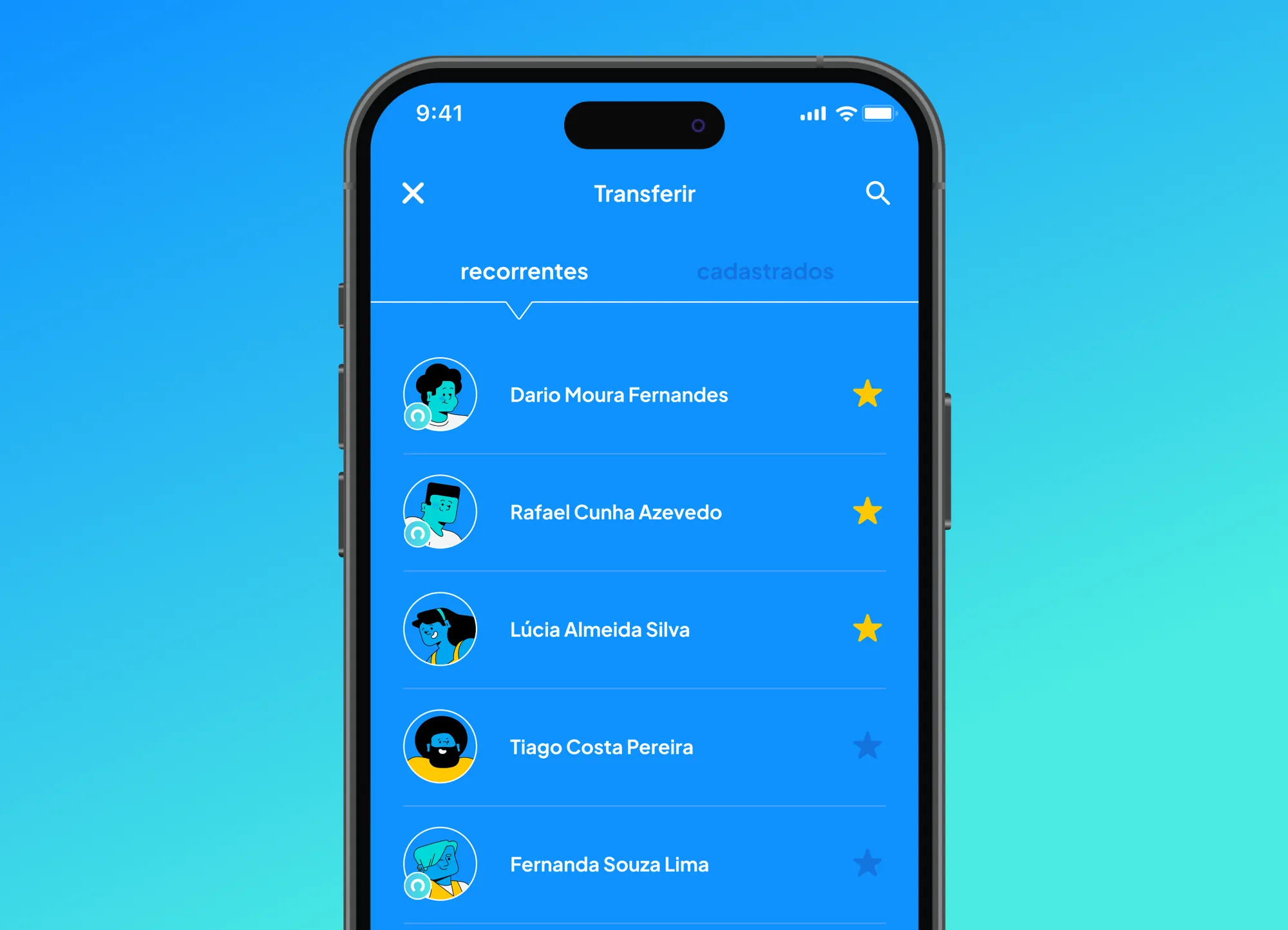 A phone on a blue-to-teal gradient showing the Neon "Transferir" screen on its "recorrentes" tab: illustrated avatars for Dario Moura Fernandes, Rafael Cunha Azevedo, Lúcia Almeida Silva, Tiago Costa Pereira and Fernanda Souza Lima, the first three starred as favourites.