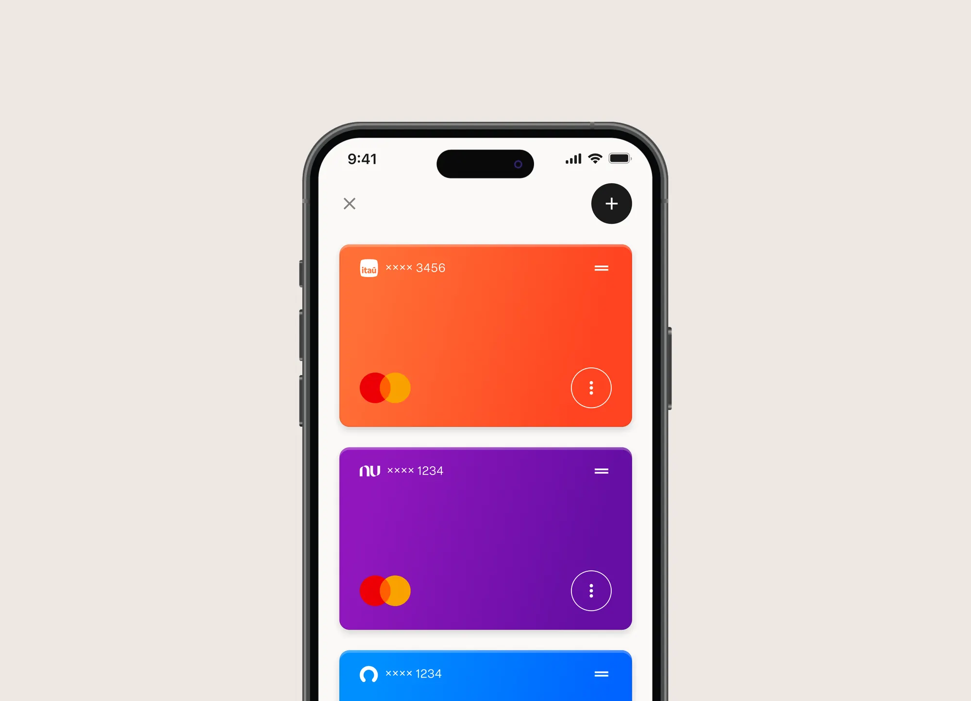 A phone on a warm grey backdrop showing the Nova app: a list of linked credit cards — Itaú, Nubank and a third card — each with its last four digits, a drag handle and a menu, below a button to add another.