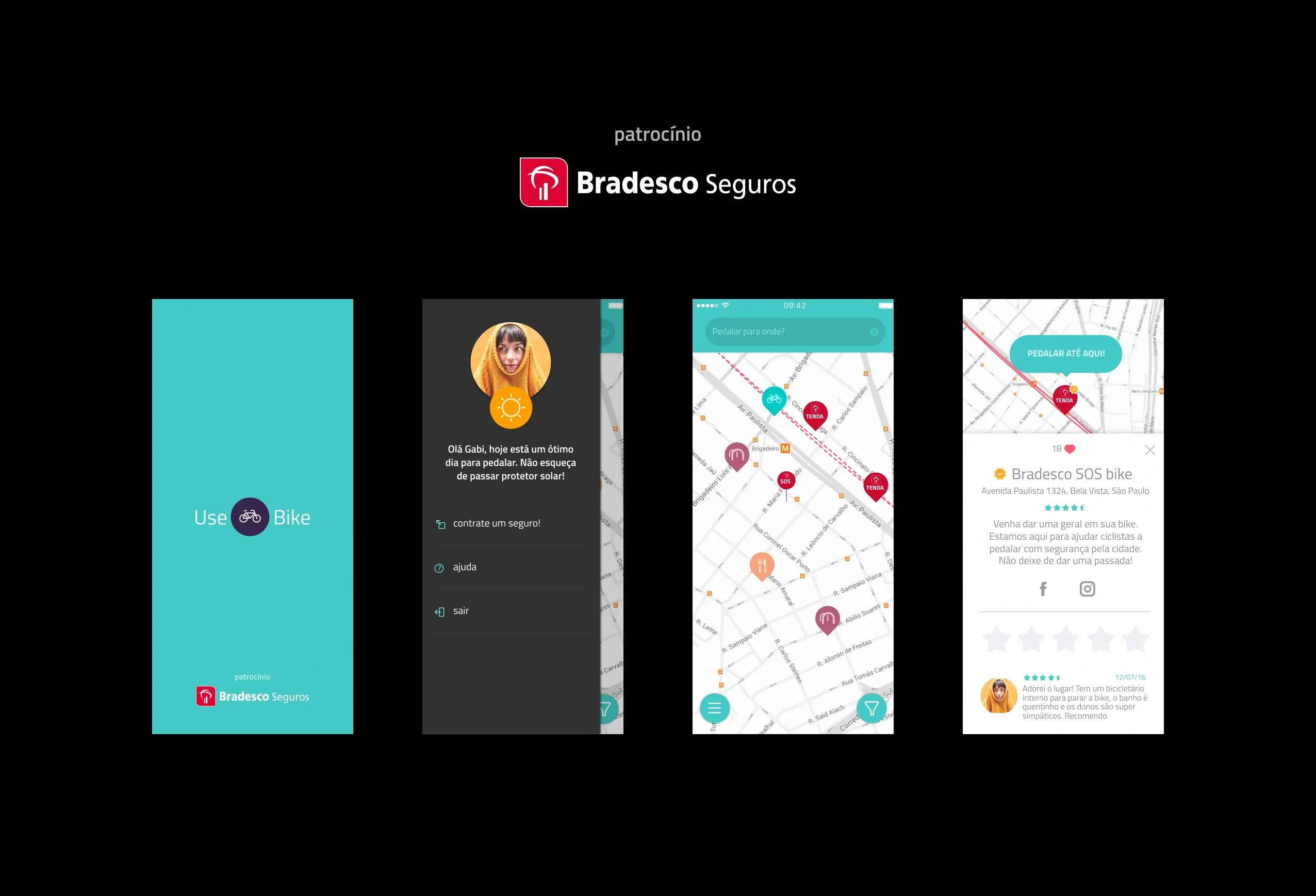 Four app screens under a "patrocínio Bradesco Seguros" header: a co-branded splash screen, a menu offering insurance, a map with Bradesco pins, and a "Bradesco SOS bike" place card.