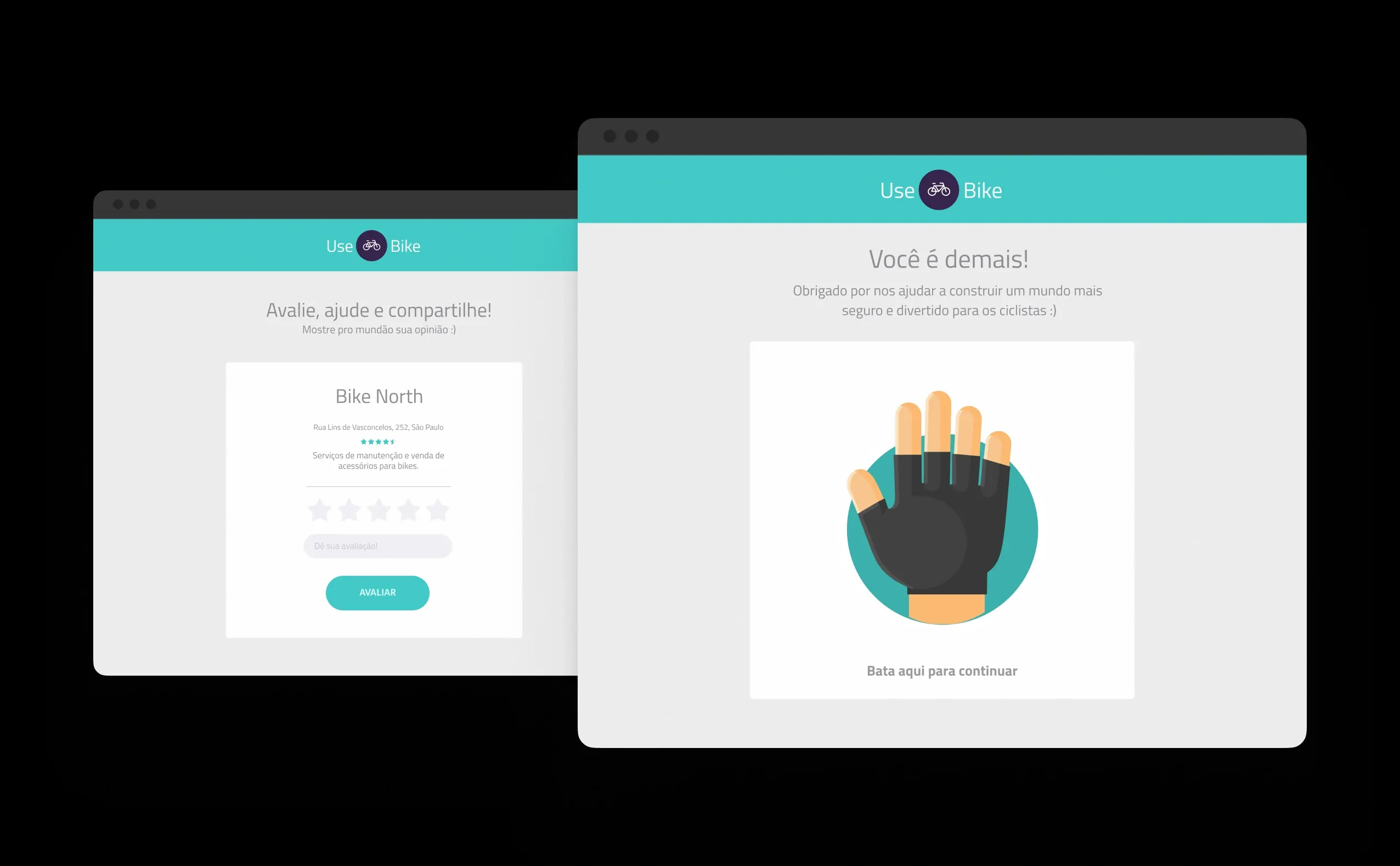 Two browser windows of the UseBike website: one asks the user to rate the bike shop "Bike North", the other thanks them with "Você é demais!" and a gloved hand raised for a high five.