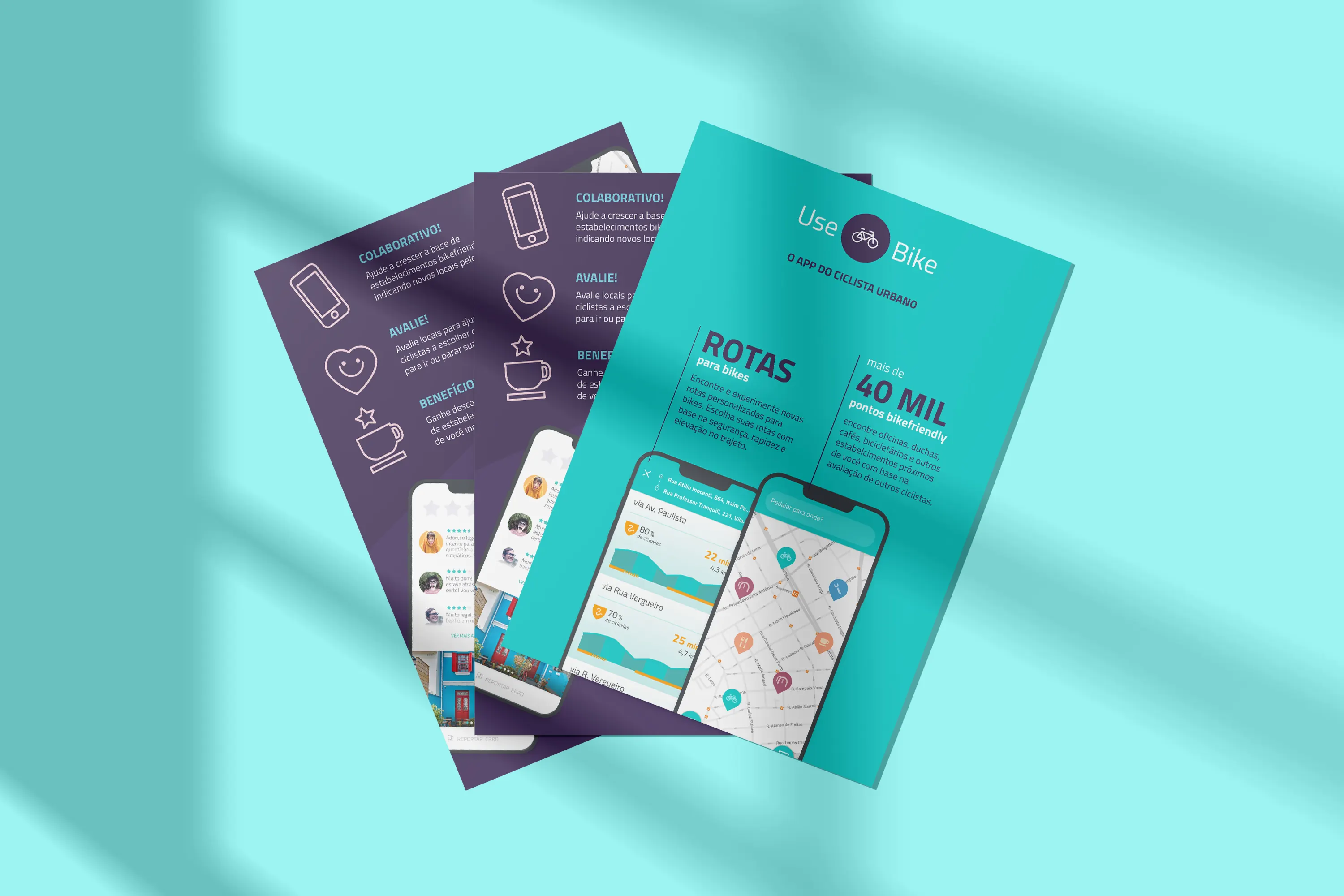 Three fanned flyers: a teal front with "Rotas para bikes", "40 mil pontos bikefriendly" and two app screens, and purple backs listing "Colaborativo!", "Avalie!" and benefits.