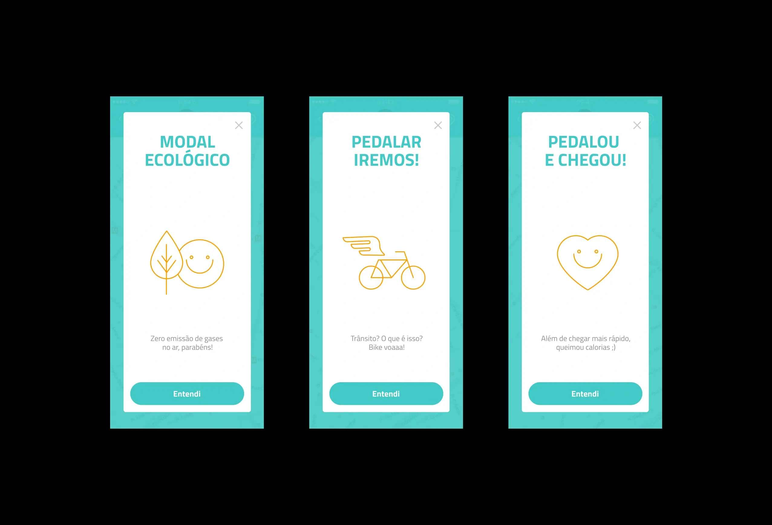 Three teal pop-up cards with orange line icons: "Modal ecológico" with a leaf and smiley, "Pedalar iremos!" with a winged bike, "Pedalou e chegou!" with a smiling heart, each with an "Entendi" button.