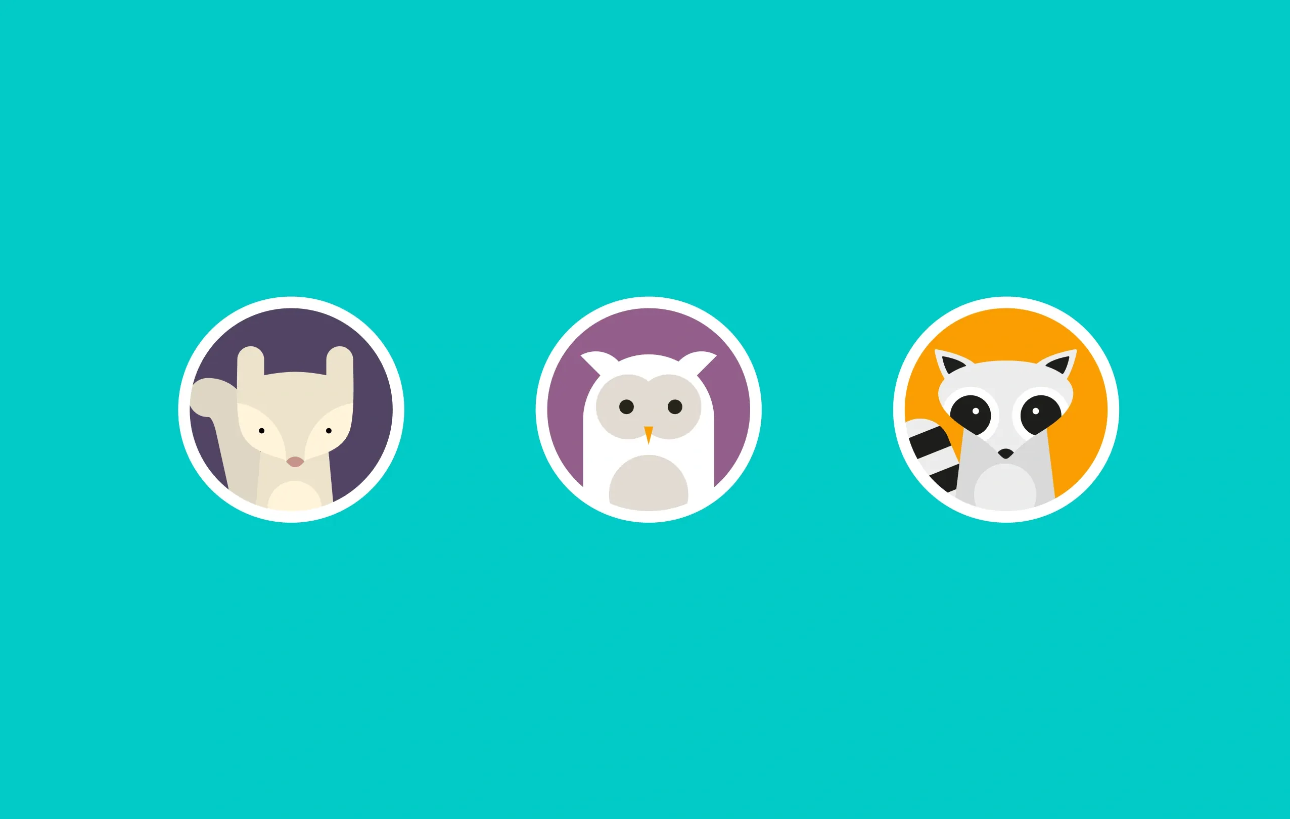 Three circular avatar illustrations on teal: a squirrel on dark purple, a white owl on mauve, and a raccoon on orange.