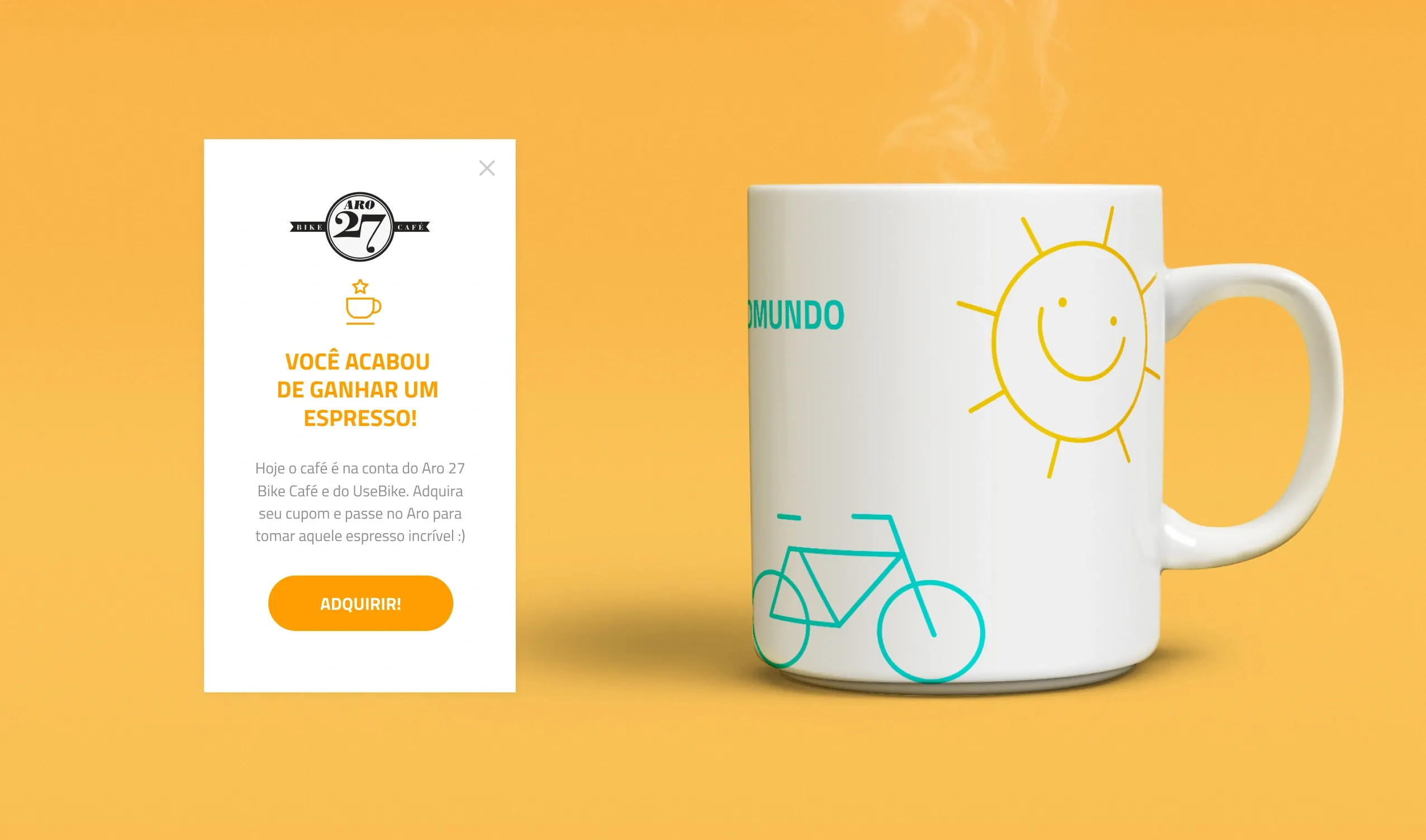 An in-app coupon from Aro 27 Bike Café reading "Você acabou de ganhar um espresso!" next to a white mug with a teal bicycle and yellow sun, on orange.